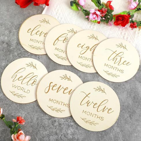 Grevosea 7 Pcs Baby Milestone Cards, Double Sided Wooden Baby Months Signs Welcome Home or Hello World Sign Cards Baby Shower Gifts for New Parents 0-12 Months Newborn Growth Recording in Saudi Arabia