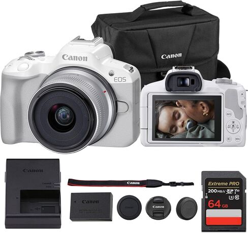 Canon EOS R50 Camera Kit-APS-C RF كاميرا مع عدسة 18-45 مم ، فيديو 4K ، شاشة لمس مزدوجة البكسل AF II & vari angan (5812C012) + محول Canon EF-EOS in Saudi Arabia