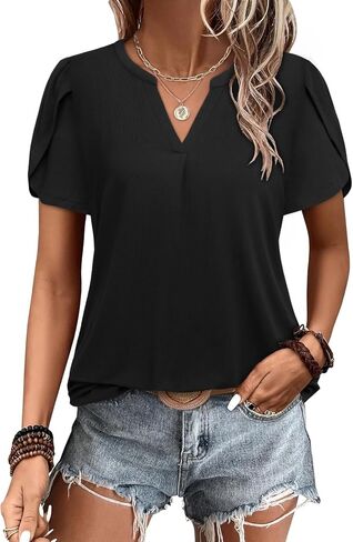 Bulotus Women Summer Tops Boho Short Sleeve Blouse Business Casual Tops Loose Fit Floral Tunic Beach Vacation Oufits in Kuwait