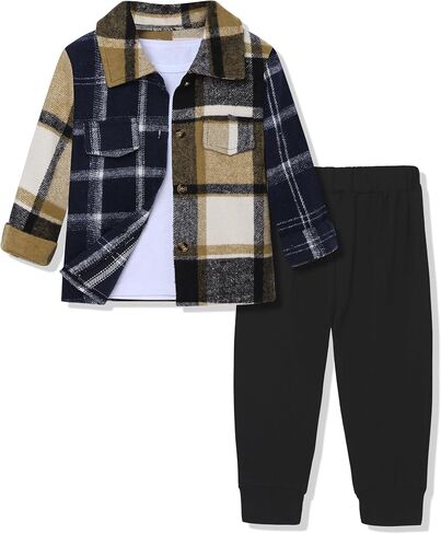 Crazyme 3Pcs Toddler Boy Clothes Plaid Shirt & White T-Shirt & Pants Boys Fall Outfits Clothing Set for Kids 6M to 6Y in Saudi Arabia