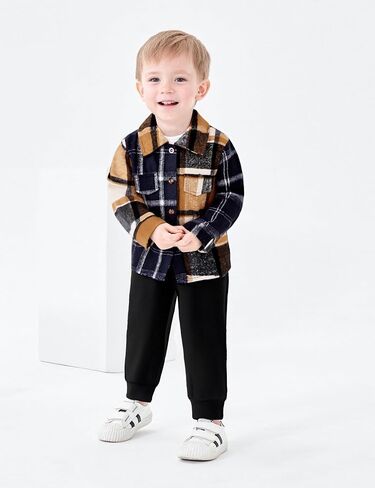 Crazyme 3Pcs Toddler Boy Clothes Plaid Shirt & White T-Shirt & Pants Boys Fall Outfits Clothing Set for Kids 6M to 6Y in Saudi Arabia