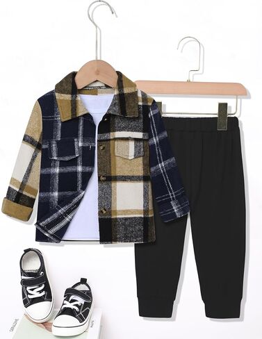 Crazyme 3Pcs Toddler Boy Clothes Plaid Shirt & White T-Shirt & Pants Boys Fall Outfits Clothing Set for Kids 6M to 6Y in Saudi Arabia