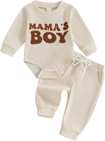 Newborn Baby Boy Clothes Mamas Boy Letters Embroidered Waffle Baby Sweatshirt Romper + Pants Sets Fall Winter Outfits in Kuwait