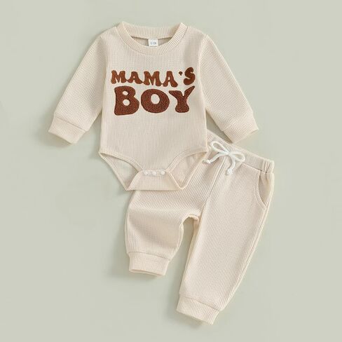 Newborn Baby Boy Clothes Mamas Boy Letters Embroidered Waffle Baby Sweatshirt Romper + Pants Sets Fall Winter Outfits in Kuwait