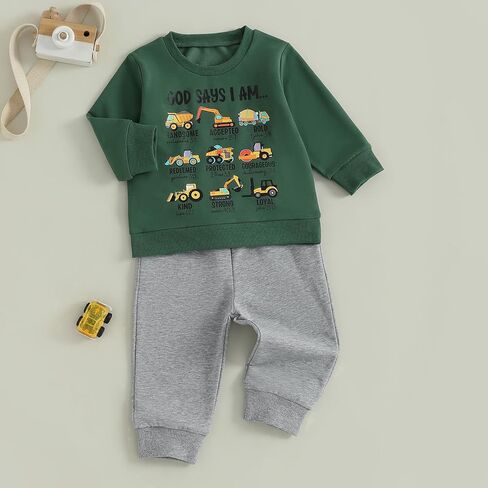 Fernvia Toddler Boy Fall Winter Clothes God Says I Am Long Sleeve Pullover Sweatshirts + Solid Joggers Pants Outfits Set in Kuwait