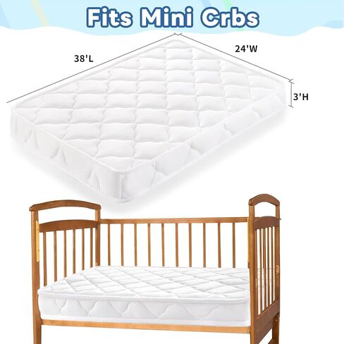 Mini Crib Mattress, 38’’x24’’ Dual Sided with Firm Support and 3" Thick Premium Foam, Hypoallergenic, Comfort, Breathable, Quiet & Odorless, Fits Mini and Portable Travel Cribs in Saudi Arabia