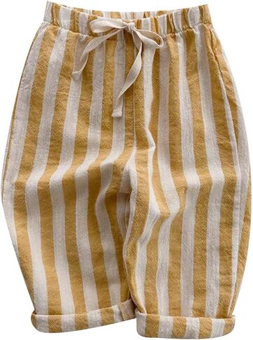 Boys' Cotton Linen Harem Bloomers Pants for Baby Toddler Striped Bloomer Elastic Basic Harem Pants Joggers 6-12 Months Yellow in Saudi Arabia
