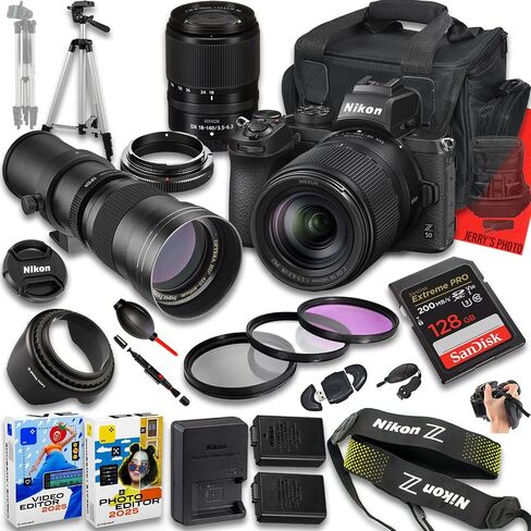 كاميرا Nikon Z50 بدون مرآة مع Z DX 18-140mm f/3.5-6.3 VR و 420-800mm f/8 Manual Super HD Teleps + 128 GB الذاكرة + بطارية إضافية + حالة كاميرا + أكثر (حزمة 24pc) (متجددة) in Saudi Arabia