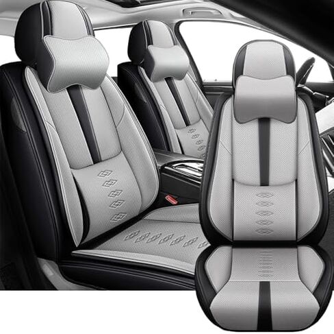 2 أغطية مقعد للسيارة الأمامية لأغطية مقاعد Hyundai Santa Fe Sport 2014-2018 مع دعم مقعد للقطعة من Nappa Leather المضادة للانزلاق لـ Hyundai Santa Fe Sport （Black & Gray-Deluxe） in Kuwait