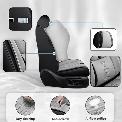 2 أغطية مقعد للسيارة الأمامية لأغطية مقاعد Hyundai Santa Fe Sport 2014-2018 مع دعم مقعد للقطعة من Nappa Leather المضادة للانزلاق لـ Hyundai Santa Fe Sport （Black & Gray-Deluxe） in Kuwait