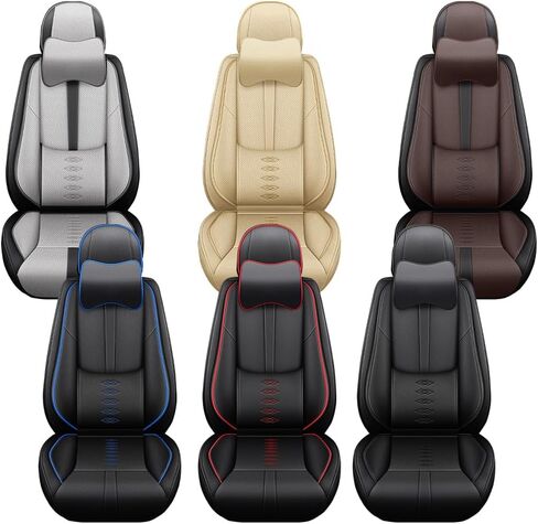 2 أغطية مقعد للسيارة الأمامية لأغطية مقاعد Hyundai Santa Fe Sport 2014-2018 مع دعم مقعد للقطعة من Nappa Leather المضادة للانزلاق لـ Hyundai Santa Fe Sport （Black & Gray-Deluxe） in Kuwait