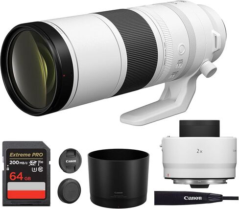 Canon RF 200-800mm f/6.3-9 هي عدسة USM-تكبير الكامل في الإطار الفائق مع تثبيت الصورة للحياة البرية والرياضة والطيور (6263C002) + Canon Extender RF 2x + 64GB بطاقة ذاكرة in Kuwait