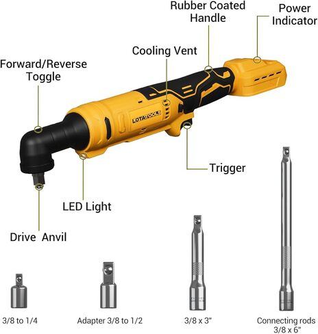 Ratchet Electric ، Cordless Ratchet 3/8 "، 93lb-Ft-lectric Ratchet Wrench ، مفتاح محرك مربع مع شريط تمديد ، محول 1/4" و 3 "تمديد مطابق مع بطارية DeWalt (أداة فقط) in Kuwait