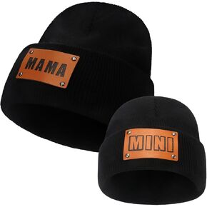 Mama and Mini Hats, 2-Pack Mommy and Me Beanies, Leather Patch Toddler Knit Hats Baby Winter Beanies in Saudi Arabia
