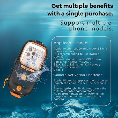 علبة الغوص العالمية لـ Snorkeling 15m/49ft ، حالة الهاتف لـ iPhone 16/15/14/13/12/11 Pro Max ، عوامل حماية فيديو تحت الماء لـ Samsung Galaxy S25/S24/S23/S22/S21 Plus Ultra (أسود) in Saudi Arabia