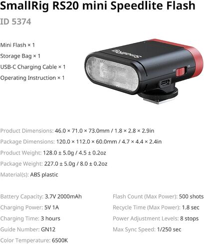 SmallRig RS20 Mini Camera Flash for Canon for Sony, GN12 Speedlite Flash for Camera with 2000mAh Battery OLED Screen, 8 Levels 500 Full-Power Flashes/1.8s Recycle/6500K, A/M Mode 1/1-1/128-5374 in Saudi Arabia