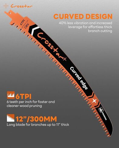Crosstar 12 Inch Japanese Teeth Arc Edge Reciprocating Saw Blades - 6TPI Wood Pruning Blades for Tree Trimming, Branch Cutting, 3-Pack in Kuwait