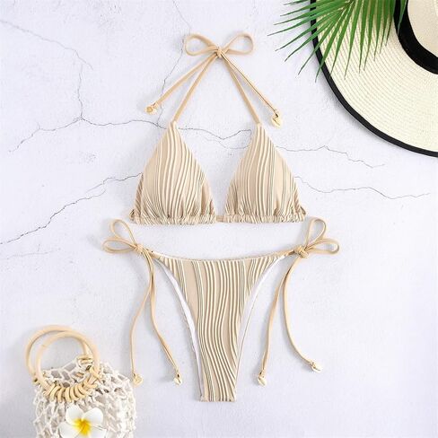 Women's Ribbed Triangle Bikini Set, Halter Top with Side-Tie Bottom Solid Color Swimwear for Ladies Micro Bathing Suit PQ8940 in Saudi Arabia