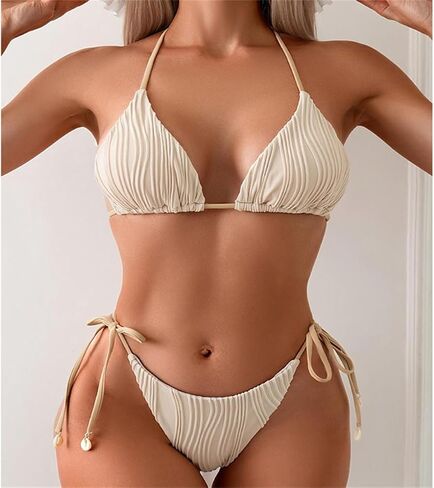 Women's Ribbed Triangle Bikini Set, Halter Top with Side-Tie Bottom Solid Color Swimwear for Ladies Micro Bathing Suit PQ8940 in Saudi Arabia