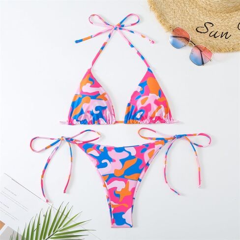 Women's Butterfly Print Bikini Set, Halter Triangle Top with Thong Bottom Swimsuit, Blue and Orange Floral Swimwear PQ24018 in Saudi Arabia
