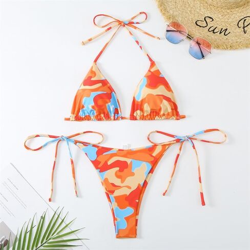 Women's Butterfly Print Bikini Set, Halter Triangle Top with Thong Bottom Swimsuit, Blue and Orange Floral Swimwear PQ24018 in Saudi Arabia