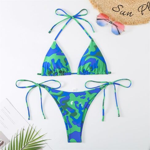 Women's Butterfly Print Bikini Set, Halter Triangle Top with Thong Bottom Swimsuit, Blue and Orange Floral Swimwear PQ24018 in Saudi Arabia