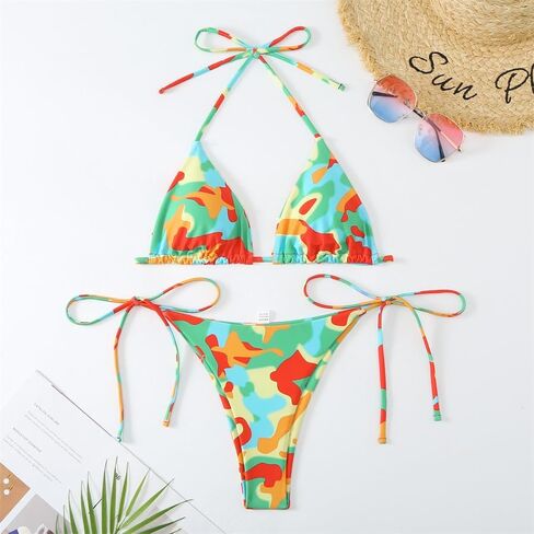 Women's Butterfly Print Bikini Set, Halter Triangle Top with Thong Bottom Swimsuit, Blue and Orange Floral Swimwear PQ24018 in Saudi Arabia
