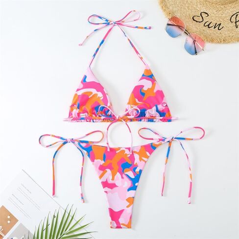 Women's Butterfly Print Bikini Set, Halter Triangle Top with Thong Bottom Swimsuit, Blue and Orange Floral Swimwear PQ24018 in Saudi Arabia