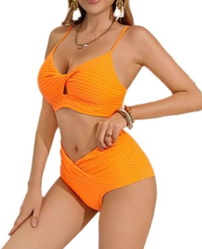 Womens Tummy Control Bathing Suits Modest High Waisted Bikini Sets Cute Halter 2 Piece Swim Suit Orange 2025 in Saudi Arabia