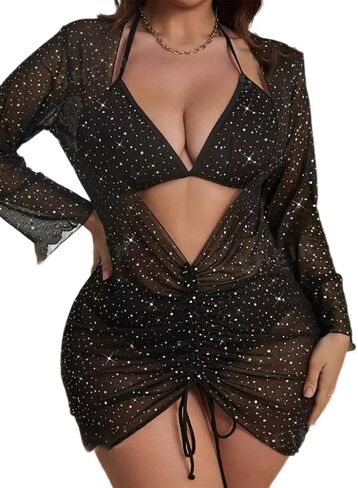 Women's Plus Size 3 Piece Bikini Set Sexy Star Sequins Halter Swimsuit with Cover Up Tummy Control Bathing Suit for Women in Saudi Arabia