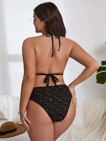 Women's Plus Size 3 Piece Bikini Set Sexy Star Sequins Halter Swimsuit with Cover Up Tummy Control Bathing Suit for Women in Saudi Arabia