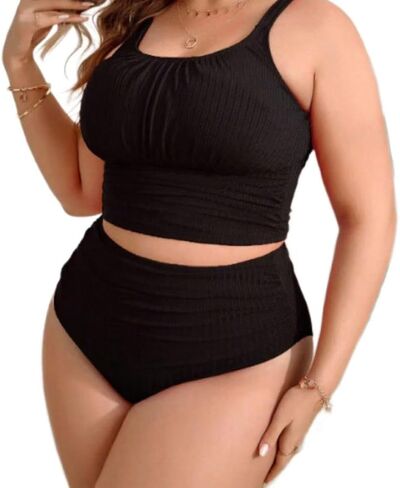 Women's Plus Size Two Piece High Waisted Bikini Tummy Control Swimsuits Scoop Neck Bikini Set Sporty Bathing Suits in Saudi Arabia