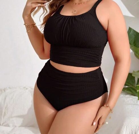 Women's Plus Size Two Piece High Waisted Bikini Tummy Control Swimsuits Scoop Neck Bikini Set Sporty Bathing Suits in Saudi Arabia