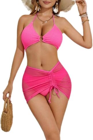 Women 3 Piece Swimsuit Bikini Sets Triangle Halter Bathing Suit with Sexy Mesh Beach Cover Up Swimsuit 2025 in Saudi Arabia