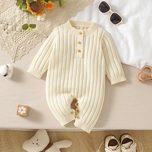 Neiwech Baby Boy Girl Romper Newborn Infant Knit Striped Solid Long Sleeve One Piece Jumpsuit Clothes in Kuwait