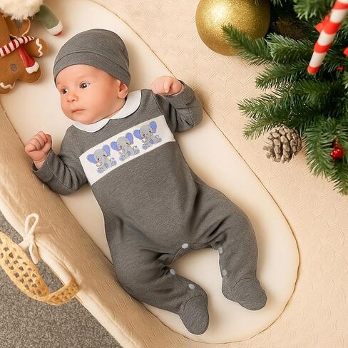 GRNSHTS Baby Boy Girl Romper Newborn Coming Home Clothes Cute Print Long Sleeve Cotton Bodysuit Jumpsuit Matching Hat Outfits in Kuwait