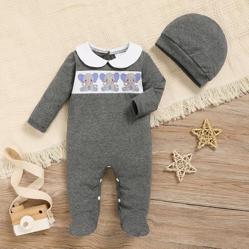 GRNSHTS Baby Boy Girl Romper Newborn Coming Home Clothes Cute Print Long Sleeve Cotton Bodysuit Jumpsuit Matching Hat Outfits in Kuwait
