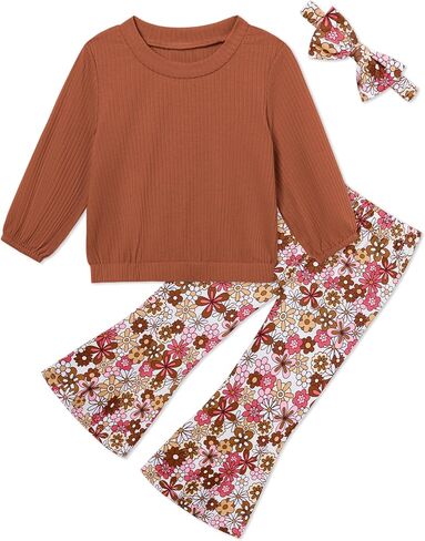 Toddler Girl Clothes Crewneck Long Sleeve Top+Floral Flared Pants Bell Bottom Outfits with Headband 1-6T in Saudi Arabia
