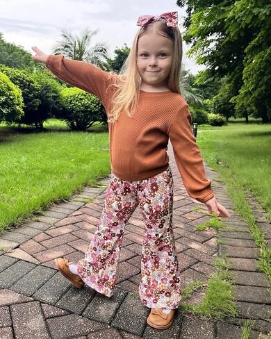 Toddler Girl Clothes Crewneck Long Sleeve Top+Floral Flared Pants Bell Bottom Outfits with Headband 1-6T in Saudi Arabia