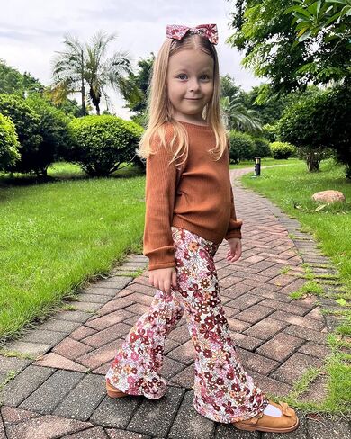 Toddler Girl Clothes Crewneck Long Sleeve Top+Floral Flared Pants Bell Bottom Outfits with Headband 1-6T in Saudi Arabia