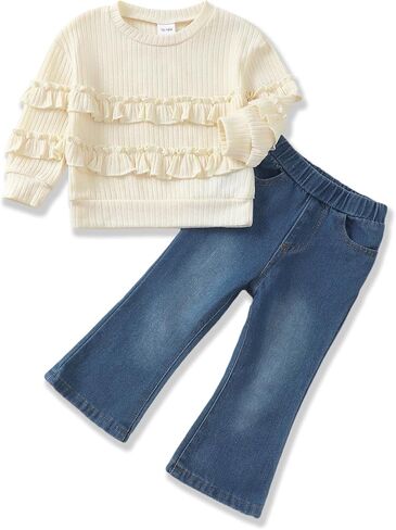 Toddler Baby Girl Clothes Kids Outfits Ruffle Heart Sweatshirt Jeans Denim Pants Set Little Girls Clothing in Kuwait