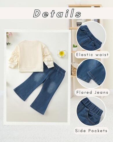 Toddler Baby Girl Clothes Kids Outfits Ruffle Heart Sweatshirt Jeans Denim Pants Set Little Girls Clothing in Kuwait