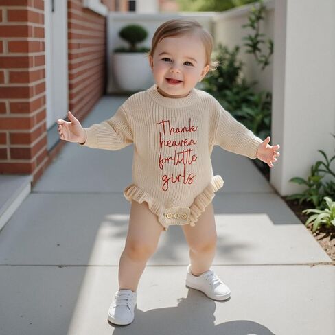 Infant Baby Girl Sweater Romper Embroidery Long Sleeve Ruffle Chunky Knit Sweatshirt Rompers Fall Winter Clothes in Kuwait