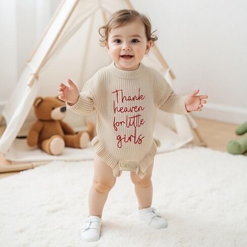 Infant Baby Girl Sweater Romper Embroidery Long Sleeve Ruffle Chunky Knit Sweatshirt Rompers Fall Winter Clothes in Kuwait