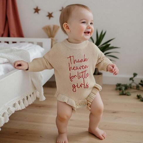 Infant Baby Girl Sweater Romper Embroidery Long Sleeve Ruffle Chunky Knit Sweatshirt Rompers Fall Winter Clothes in Kuwait
