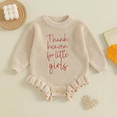 Infant Baby Girl Sweater Romper Embroidery Long Sleeve Ruffle Chunky Knit Sweatshirt Rompers Fall Winter Clothes in Kuwait