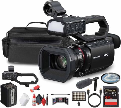 Panasonic HC-X2100 UHD 4K 3G-SDI/HDMI Pro Lightweight Camcorder with 24x Zoom (HC-X2100) + Pro Mic + Case + LED Light + 64GB Memory Card + USB-C Cable + Cleaning Kit + USB-C Adapter + More in Saudi Arabia