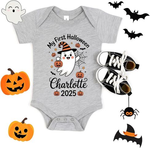 Personalized My First Halloween Baby Romper, 2025 Pumpkin Ghost Bodysuit for Boys Girls, Cute Fall Baby Outfit in Kuwait