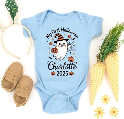 Personalized My First Halloween Baby Romper, 2025 Pumpkin Ghost Bodysuit for Boys Girls, Cute Fall Baby Outfit in Kuwait