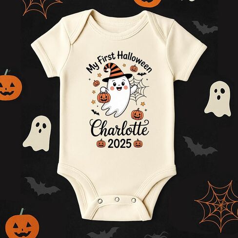 Personalized My First Halloween Baby Romper, 2025 Pumpkin Ghost Bodysuit for Boys Girls, Cute Fall Baby Outfit in Kuwait